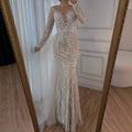 Serene Hill White Nude Long Sleeves Mermaid Pearls Beaded Evening Dress with Train Wedding Party Gowns DLA72634A Customized