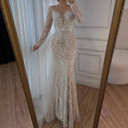 Serene Hill White Nude Long Sleeves Mermaid Pearls Beaded Evening Dress with Train Wedding Party Gowns DLA72634A Customized