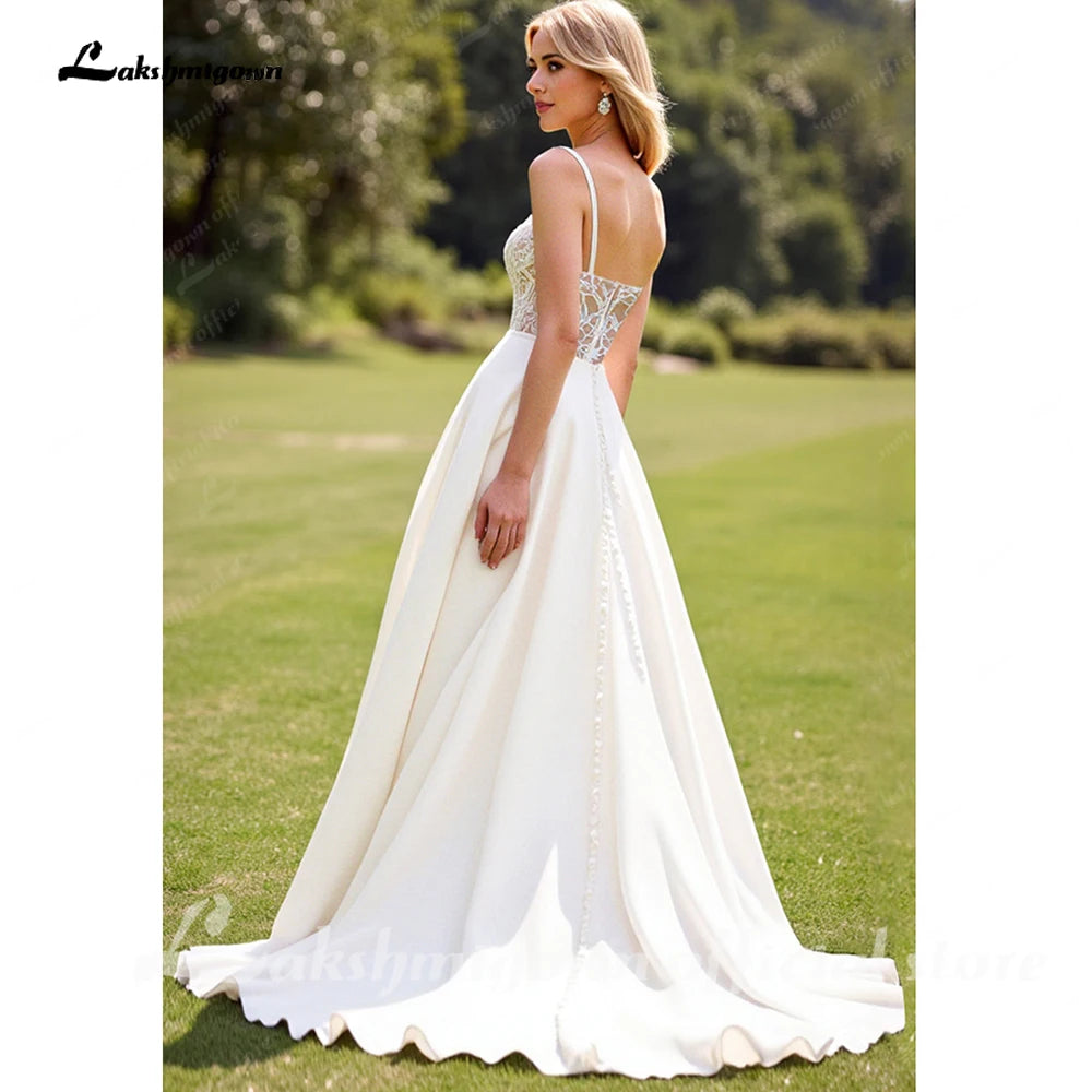 Lakshmigown Lace Ivory A Line Spaghetti Straps Garden Wedding Dress Crepe SatinCustomized Country Bridal Gowns vestido femininos