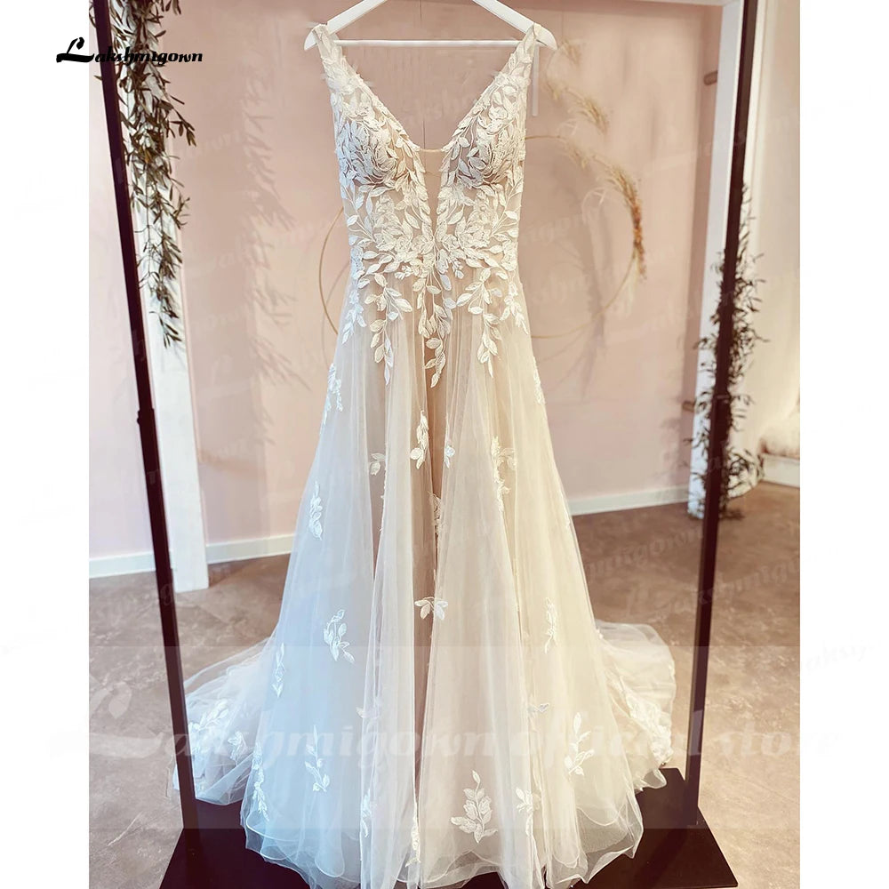 Lakshmigown V Neck Lace Appliques Wedding Dresses Customized Champagne Bridal Gowns A Line Wedding Gown Estido De Noiva Praiano