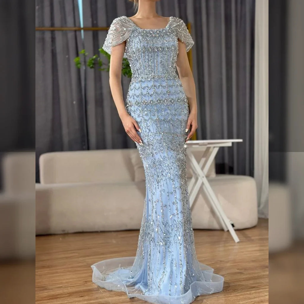 Serene Hill Blue Mermaid Beaded Evening Dresses with Detachable Sleeves Elegant Party Gowns for Women DLA72714 Customized