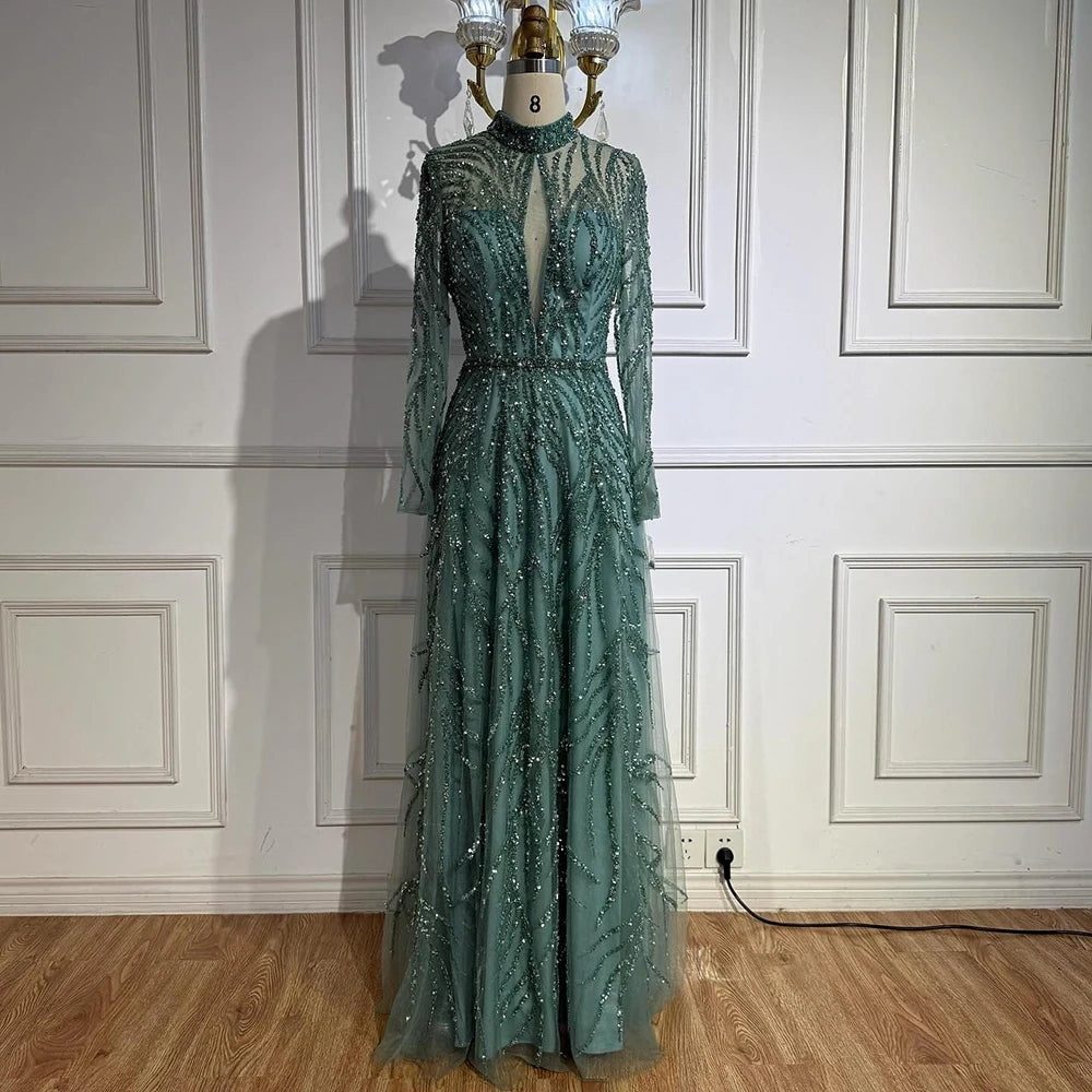 Serene Hill Customized Elegant Turquoise A Line Evening Dress with High Neck Beaded Design for Women Formal Party Gown DLA71682A