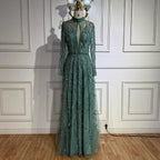 Serene Hill Customized Elegant Turquoise A Line Evening Dress with High Neck Beaded Design for Women Formal Party Gown DLA71682A