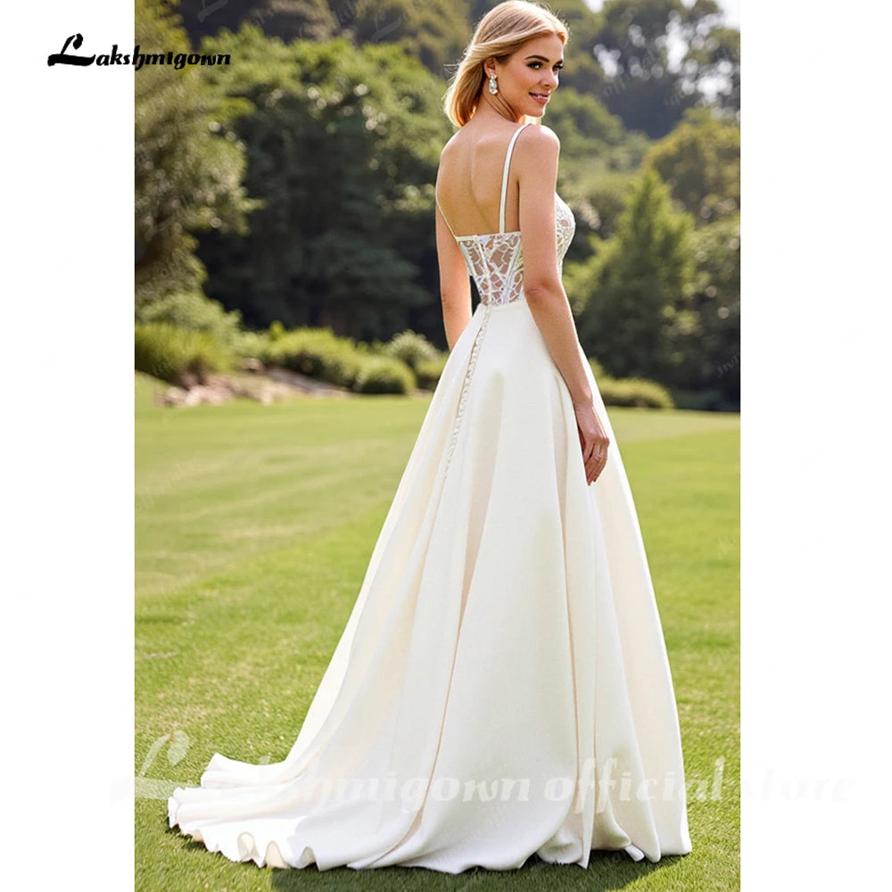Lakshmigown Lace Ivory A Line Spaghetti Straps Garden Wedding Dress Crepe SatinCustomized Country Bridal Gowns vestido femininos