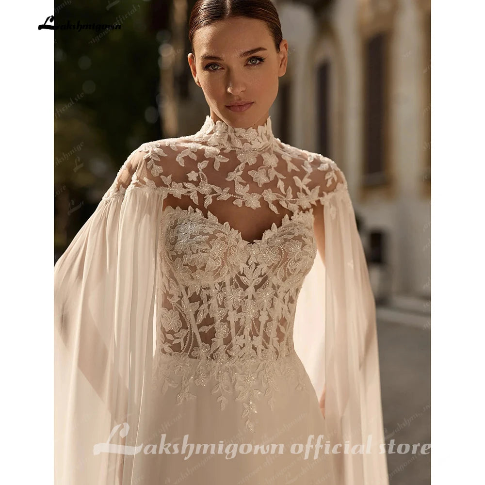 Lakshmigown Two-Piece Wedding Dress with Sheer Lace Corset Detachable Chiffon Cape  A Line Bridal Gown Customized