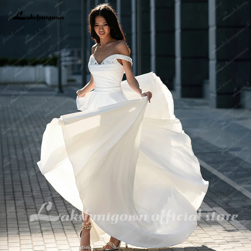 Lakshmigown Pleat Beading A-Line Wedding Dress Strapless High Slit Off The Shoulder Backless Bridal Gown Vestidos De Customized
