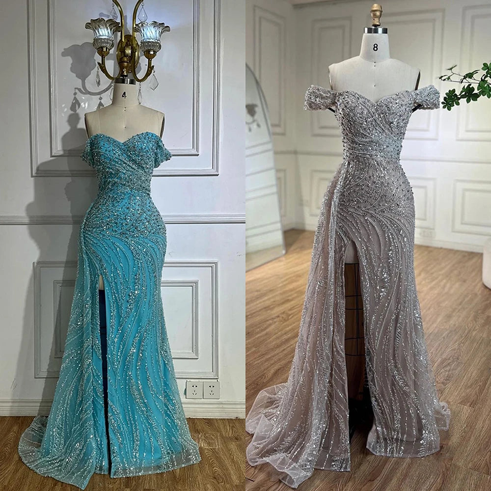 Serene Hill Light Blue Off Shoulder Mermaid High Split Beaded Evening Dresses Party Gowns For Women 2025 DLA72262 Customized