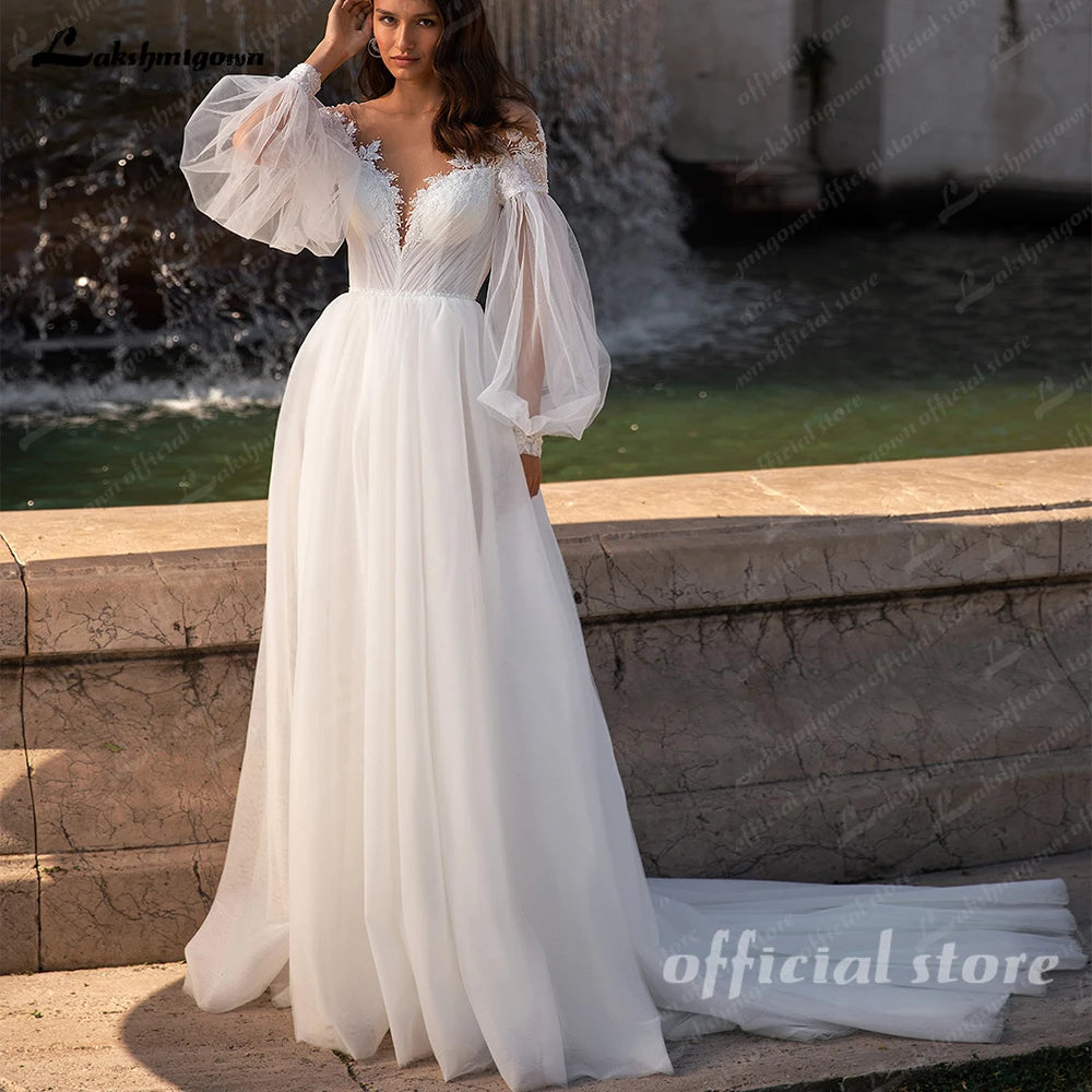 Lakshmigown Puffy Long Sleeves Women Wedding Dresses 2025 New Sexy Deep-V A-Line Bridal Gowns Plus Size Customized