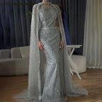 Serene Hill  Customized 2026 Gray Arabic Mermaid Beaded Evening Dresses With Detachable Long Cape For Formal Occasion DLA72180