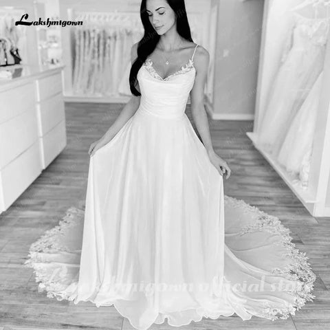 NumberSea Spaghetti A-Linie Boho Brautkleid für Frauen Vestito Donna 2025 Pailletten Spitze Vintage Strand Brautkleider Open Back 