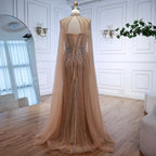 Luxury Nude Elegant Evening Gown Beaded Dress with Cape Sleeves for Formal Party Wear Serene Hill DLA72811A Customized
