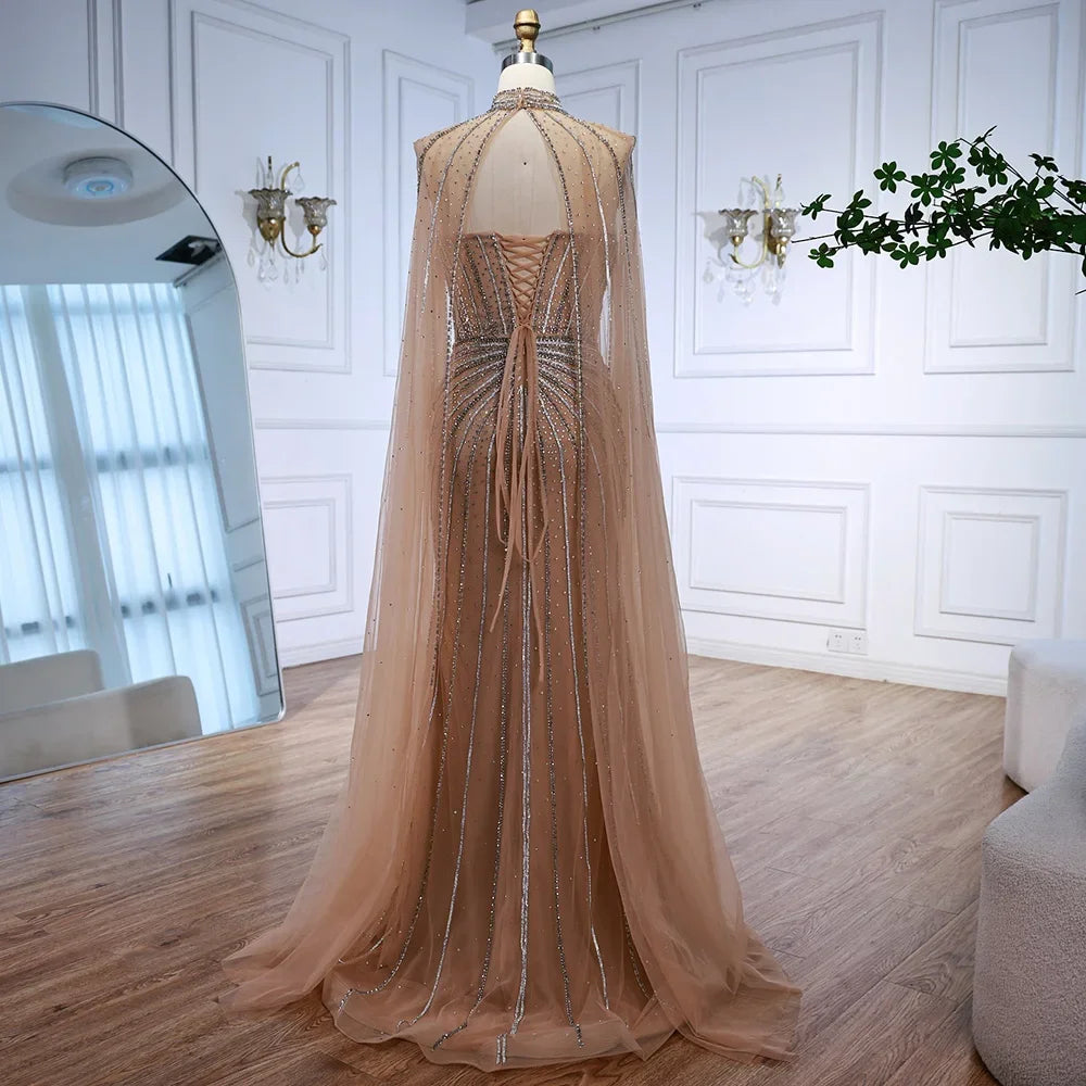 Luxury Nude Elegant Evening Gown Beaded Dress with Cape Sleeves for Formal Party Wear Serene Hill DLA72811A Customized