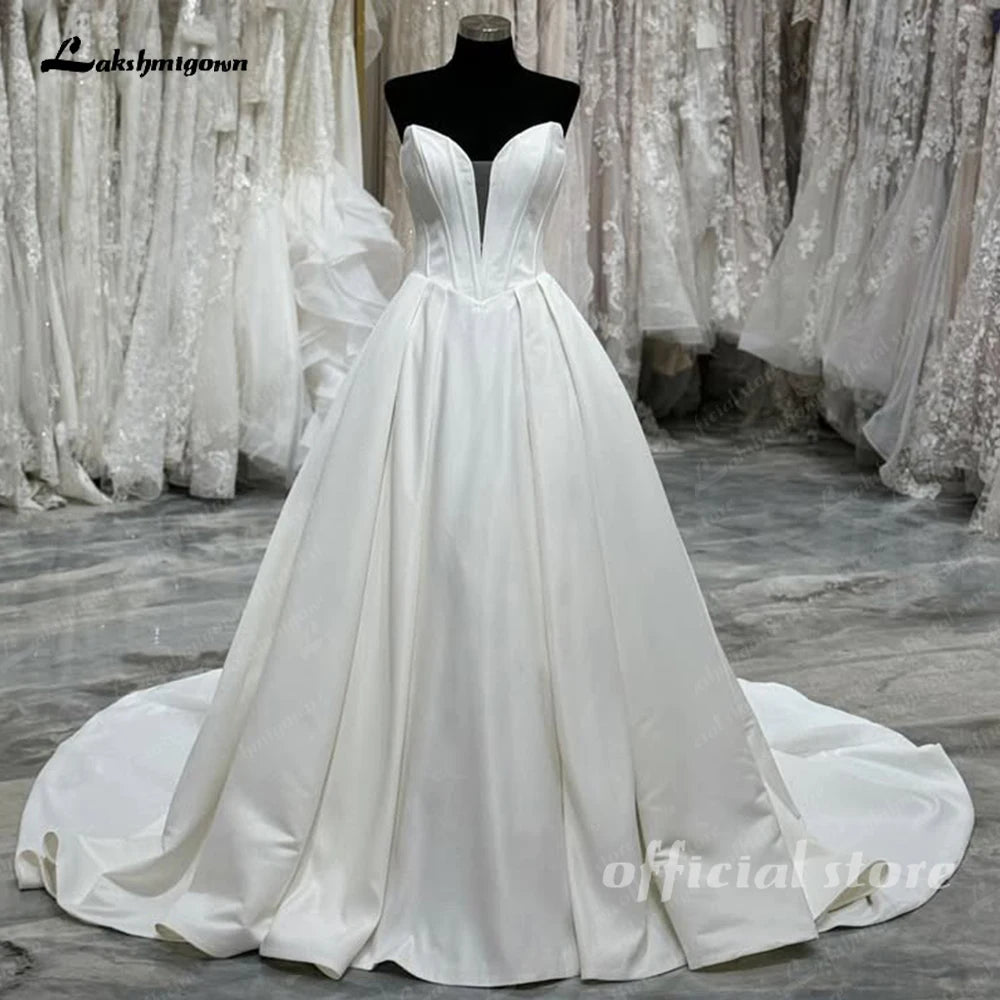 Lakshmigown V Neck Wedding Gowns for Women Bride Elegant Satin Sleeveless Pleats Robe Civil Bridal Wedding Dress Customized