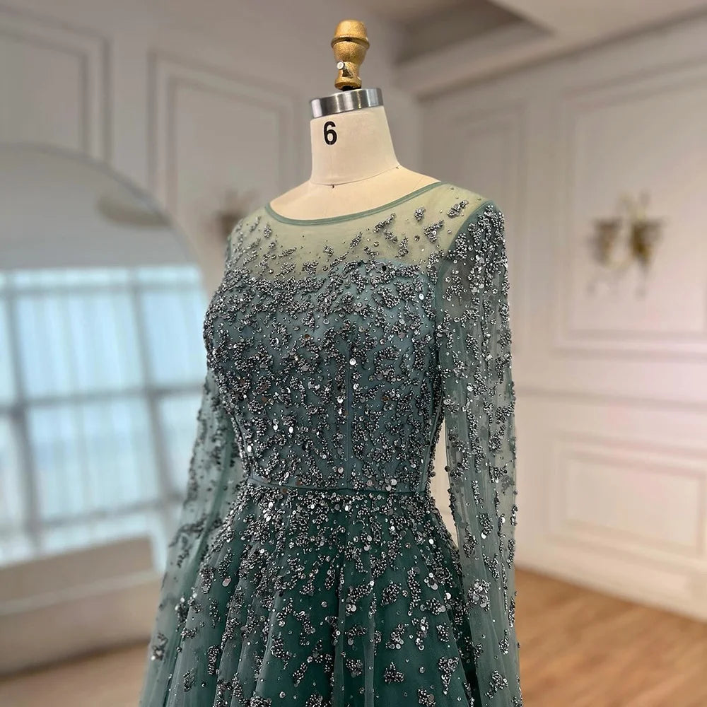 Serene Hill Turquoise A-line Beaded Evening Dress with Cape Sleeves Elegant Party Gowns for Women Customized DLA72965
