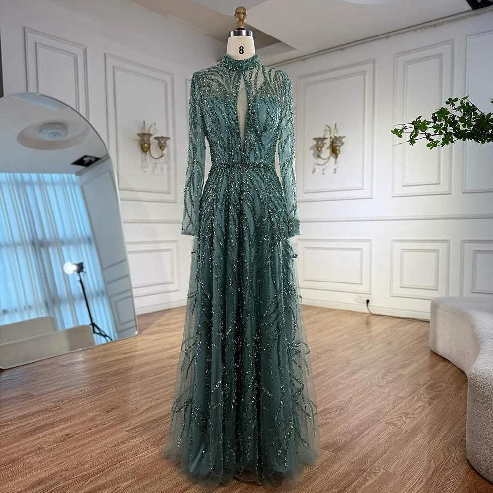 Serene Hill Customized Elegant Turquoise A Line Evening Dress with High Neck Beaded Design for Women Formal Party Gown DLA71682A