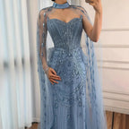 Abito da sera di lusso con paillettes blu, perline e maniche a mantello LA73108