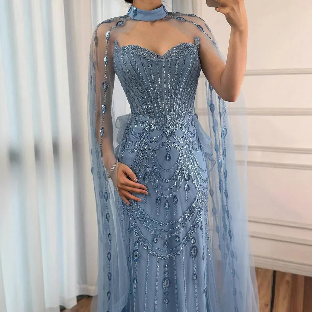 Abito da sera di lusso con paillettes blu, perline e maniche a mantello LA73108