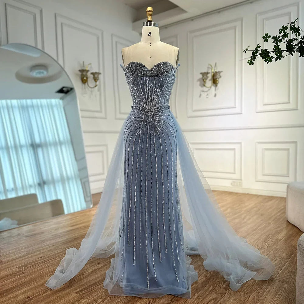 Abito da sera sirena con perle rosa, perline e sopragonna in stile arabo LA72811B