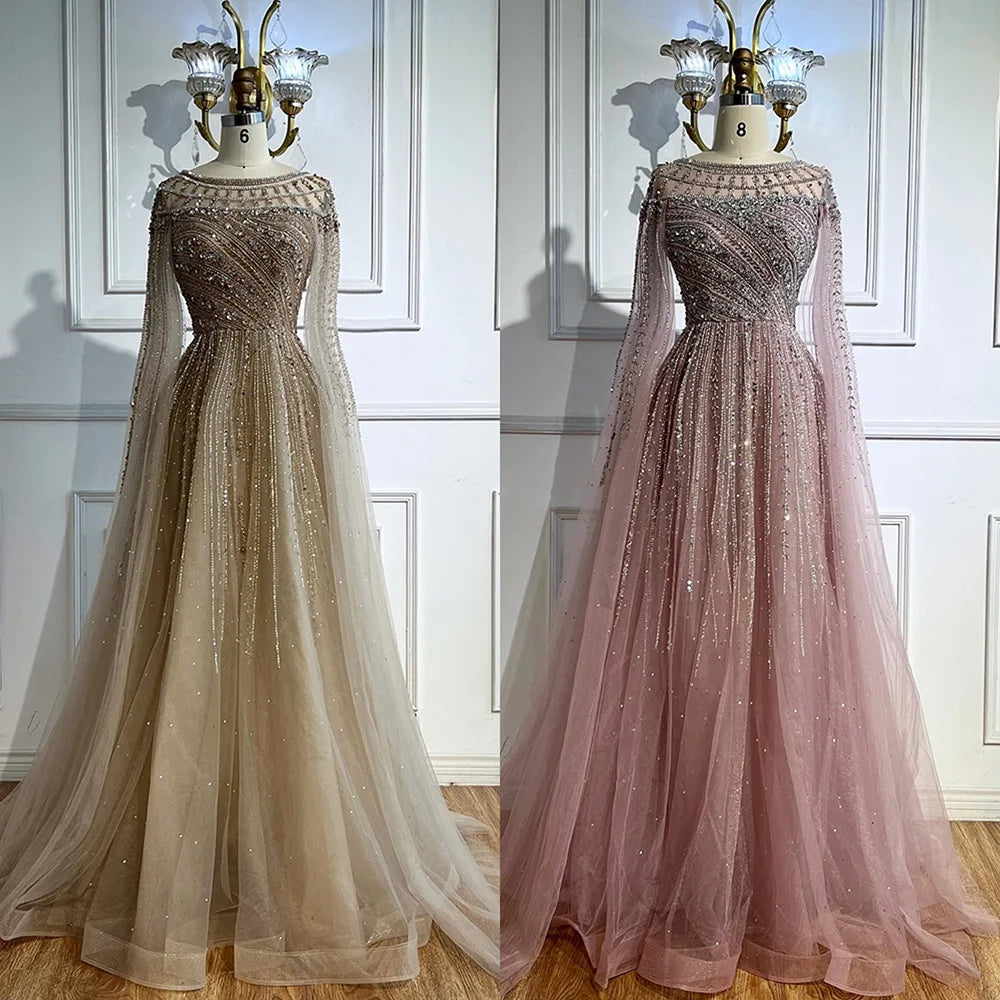 Serene Hill Pink A-line Evening Dress with Cape Sleeves Beaded Wedding Party Gowns for Women DLA72994 Customized
