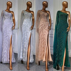 Serene Hill Customized Gold Mermaid Beaded One Shoulder Cape Sleeve Evening Dresses Split Elegant Party Gowns For Women DLA71493