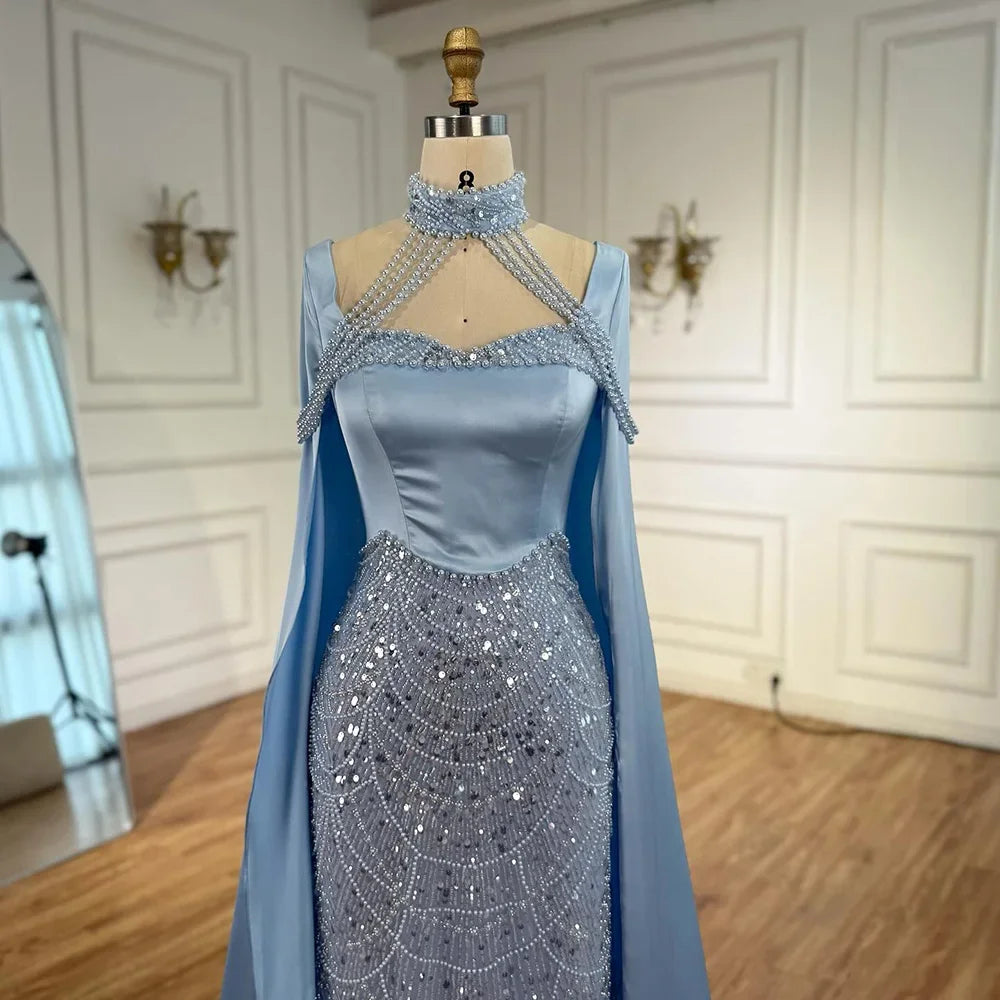 Serene Hill DLA73051 Pearls Beaded Blue Mermaid Evening Dress with Cape 2025 Elagent Party Gowns for Women Customized