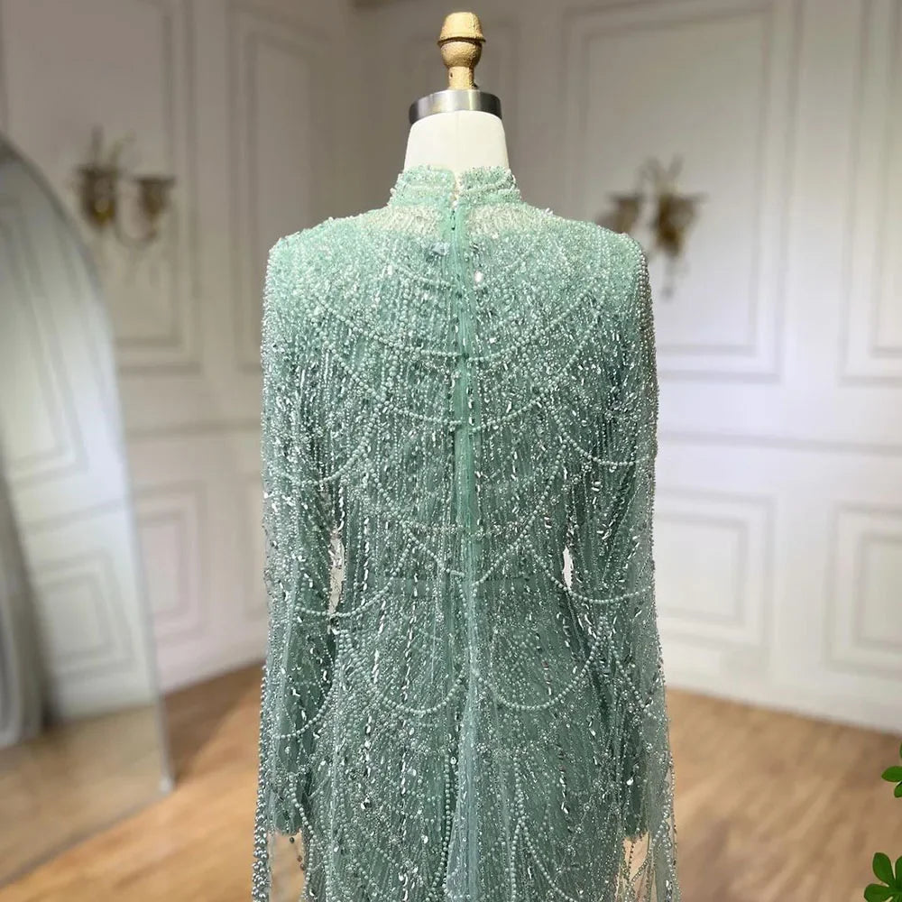 Serene Hill Customized Muslim Hijab Sage Green Long Sleeves Evening Dresses with Cape Dubai 2024 Party Gowns For Women LA72032M