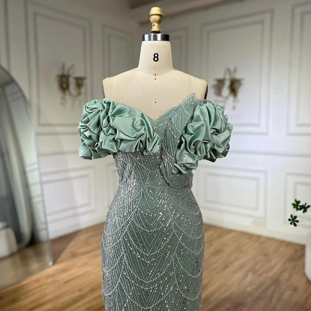 Serene Hill Customized Sage Green Off Shoulder Mermaid Evening Dresses 2024 Arabic Formal Gowns For Women Wedding Party DLA72281
