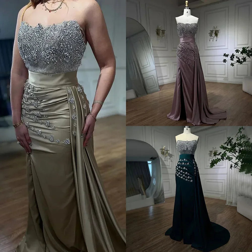 Serene Hill Customized Nude Strapless Mermaid High Split Evening Dresses with Skirt Beaded Party Gowns For Women 2025 DLA72135