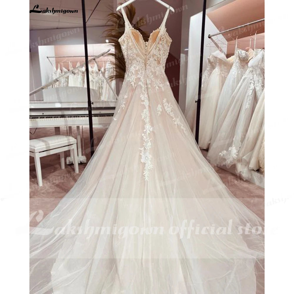 Lakshmigown Sexy Beach Wedding Dresses Illusion Appliques Boho Bride Dresses Open Back A-Line Tulle Bridal Gowns Robe De Mariee