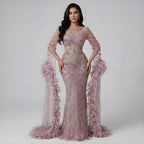 Serene Hill Pink Luxury Beaded Mermaid Evening Dress Gowns with Feathers for Formal Occasion Customized DLA72708A