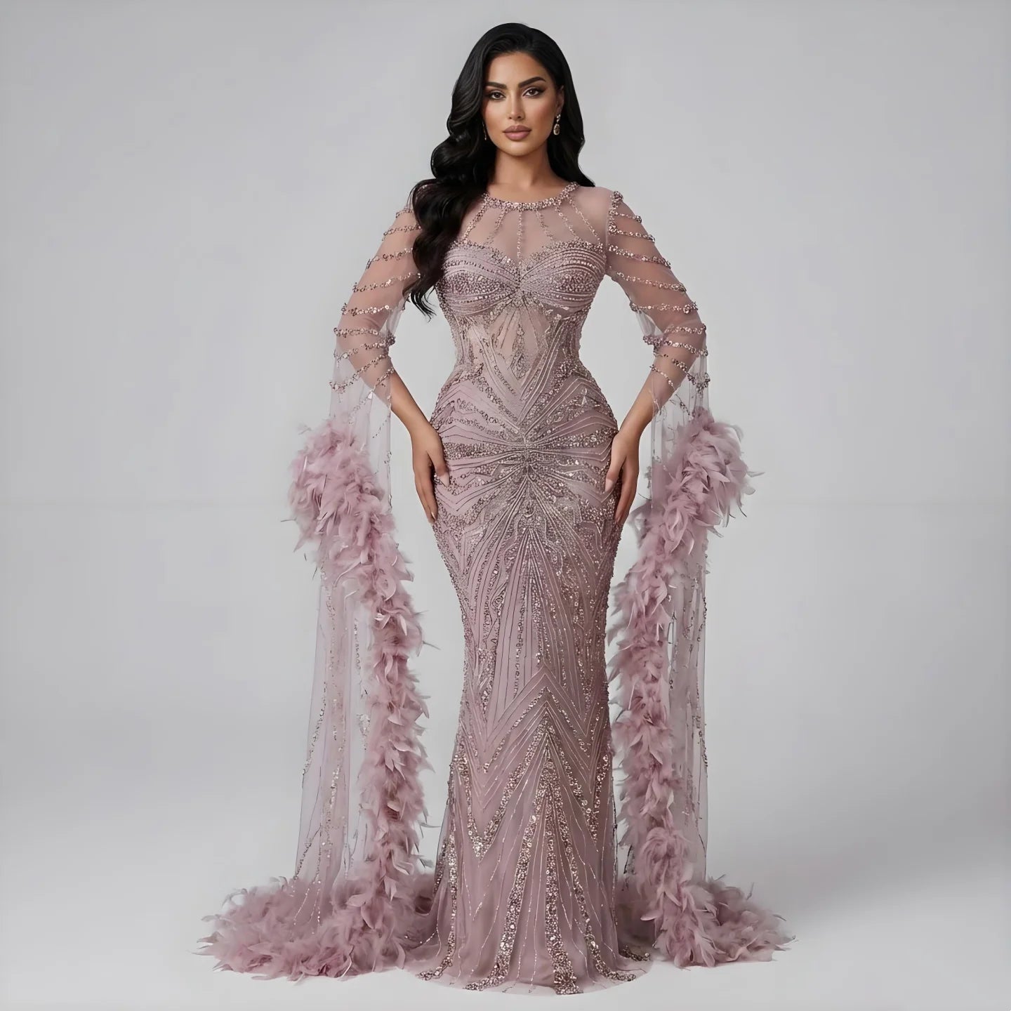 Serene Hill Pink Luxury Beaded Mermaid Evening Dress Gowns with Feathers for Formal Occasion Customized DLA72708A