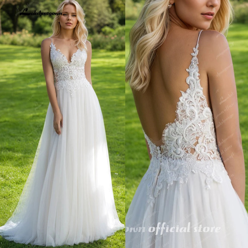 Lakshmigown Bohemian Spaghetti Straps A-Line Wedding Dress Lace Appliques V-Neck Tulle Open Back Bridal Dress Customized