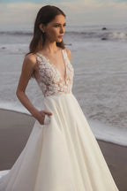 Lakshmigown Sleeveless Lace A‑Line Wedding Dress Deep V‑Back Satin Bridal Gown With Pockets Customized