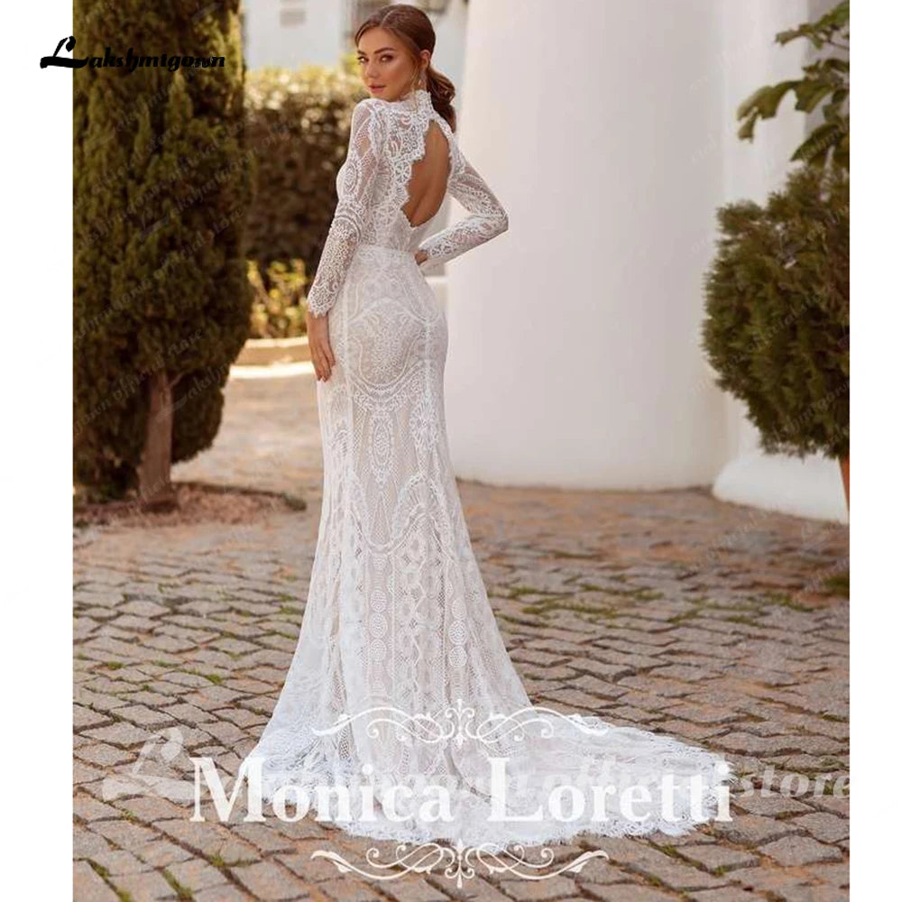 Lakshmigown High Neck Long Sleeves Mermaid Wedding Dress Lace Bohemia Bridal Gown For Women With Appliques Customized