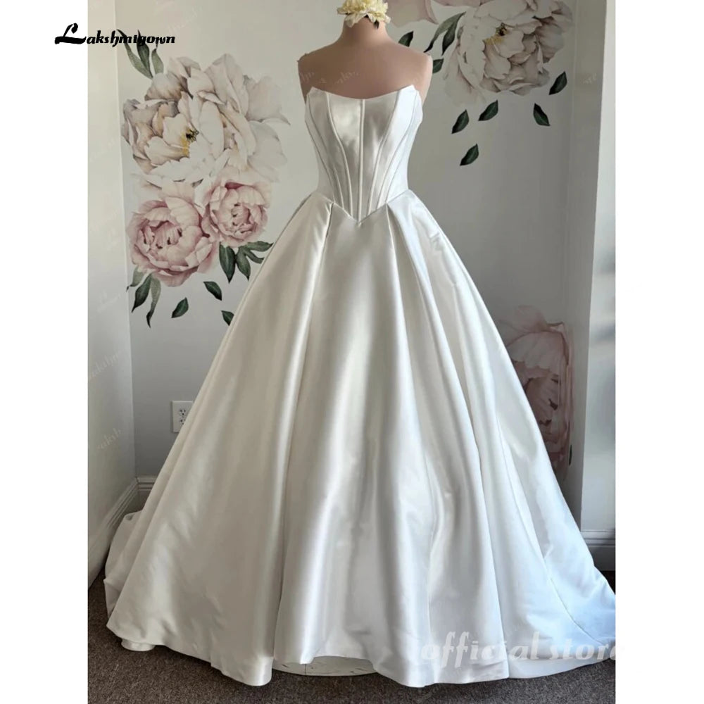 Lakshmigown Strapless A-Line Mikado Satin Wedding Dress Elegant Lace-up Back Floor Length Modern Bridal Gown Customized