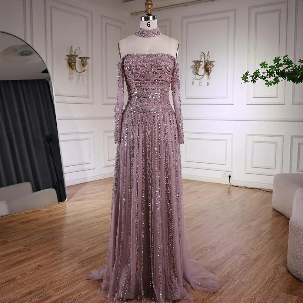Elegant Caramel Beaded Off Shoulder Evening Dress with Long Sleeves for Formal Party Customized | Nightbubo