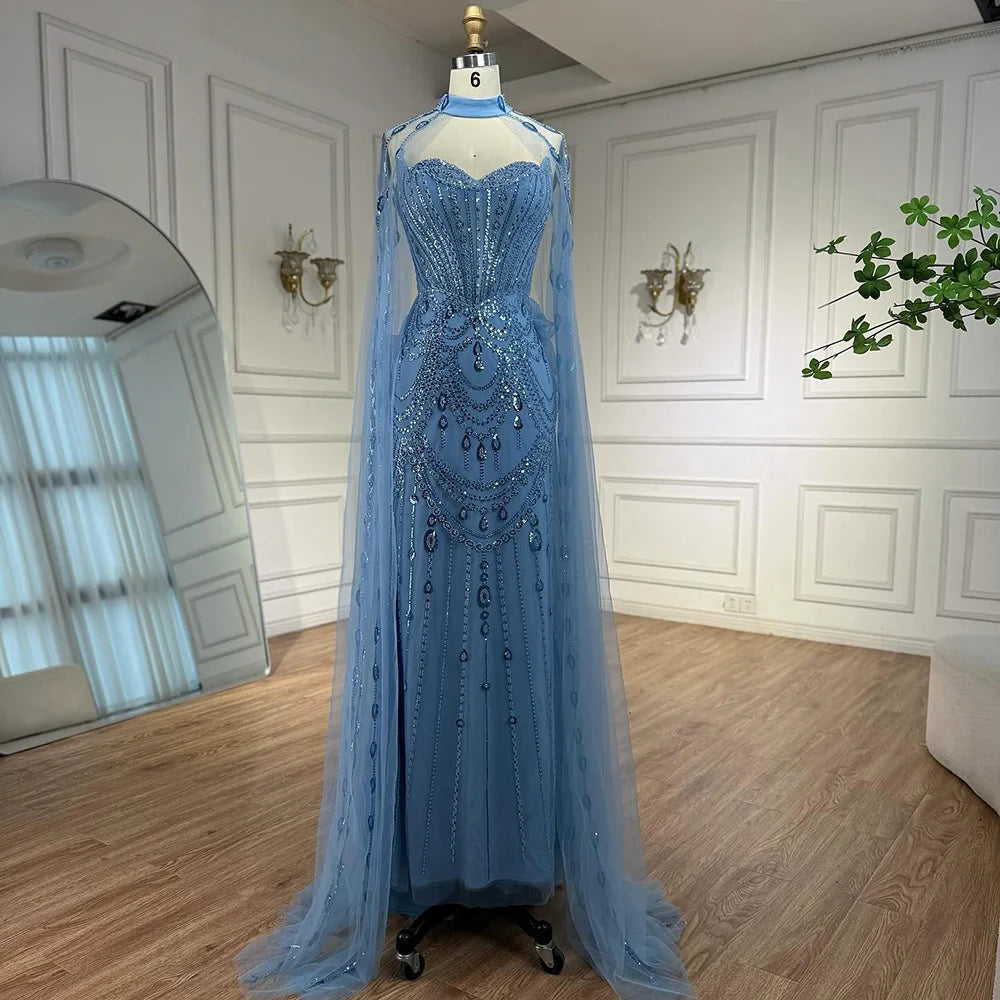 Abito da sera di lusso con paillettes blu, perline e maniche a mantello LA73108