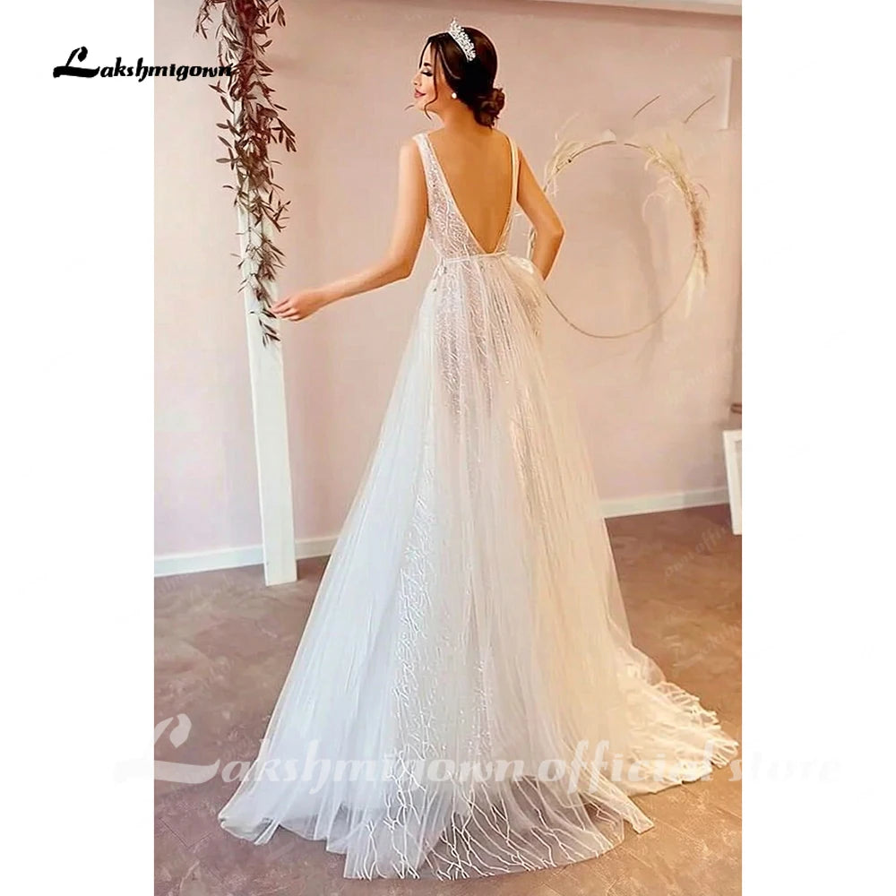 Lakshmigown Deep V-neck Tulle Wedding Dress Vintage Champagne Beach Wedding Dress Summer 2027 Vestido De Boda Civil  Customized