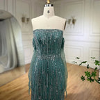Serene Hill Turquoise Strapless Mermaid Beaded Evening Party Dresses Gowns with Gloves Customized DLA71950