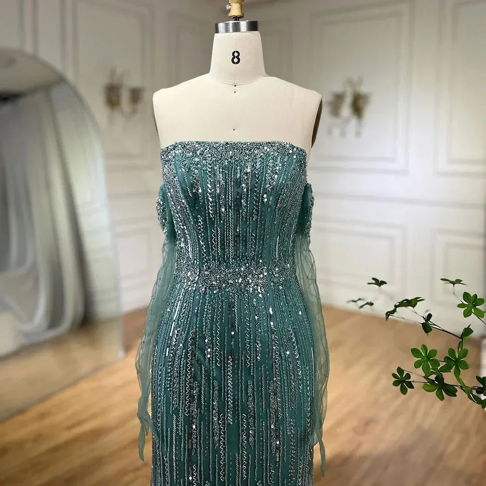 Serene Hill Turquoise Strapless Mermaid Beaded Evening Party Dresses Gowns with Gloves Customized DLA71950
