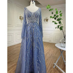 Serene Hill Customized Blue A Line Beaded Evening Dresses Arabic Wedding Party Formal Gowns 2024 For Women DLA72099 rts