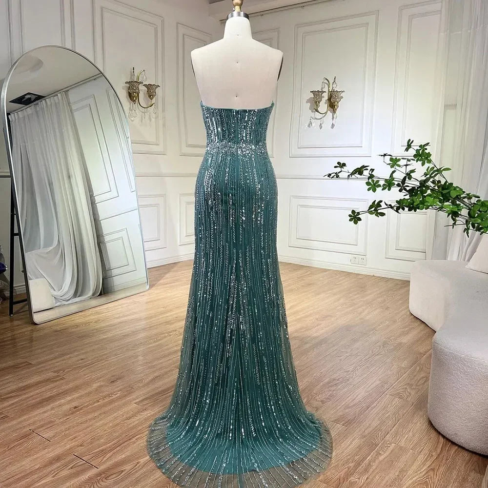 Serene Hill Turquoise Strapless Mermaid Beaded Evening Party Dresses Gowns with Gloves Customized DLA71950