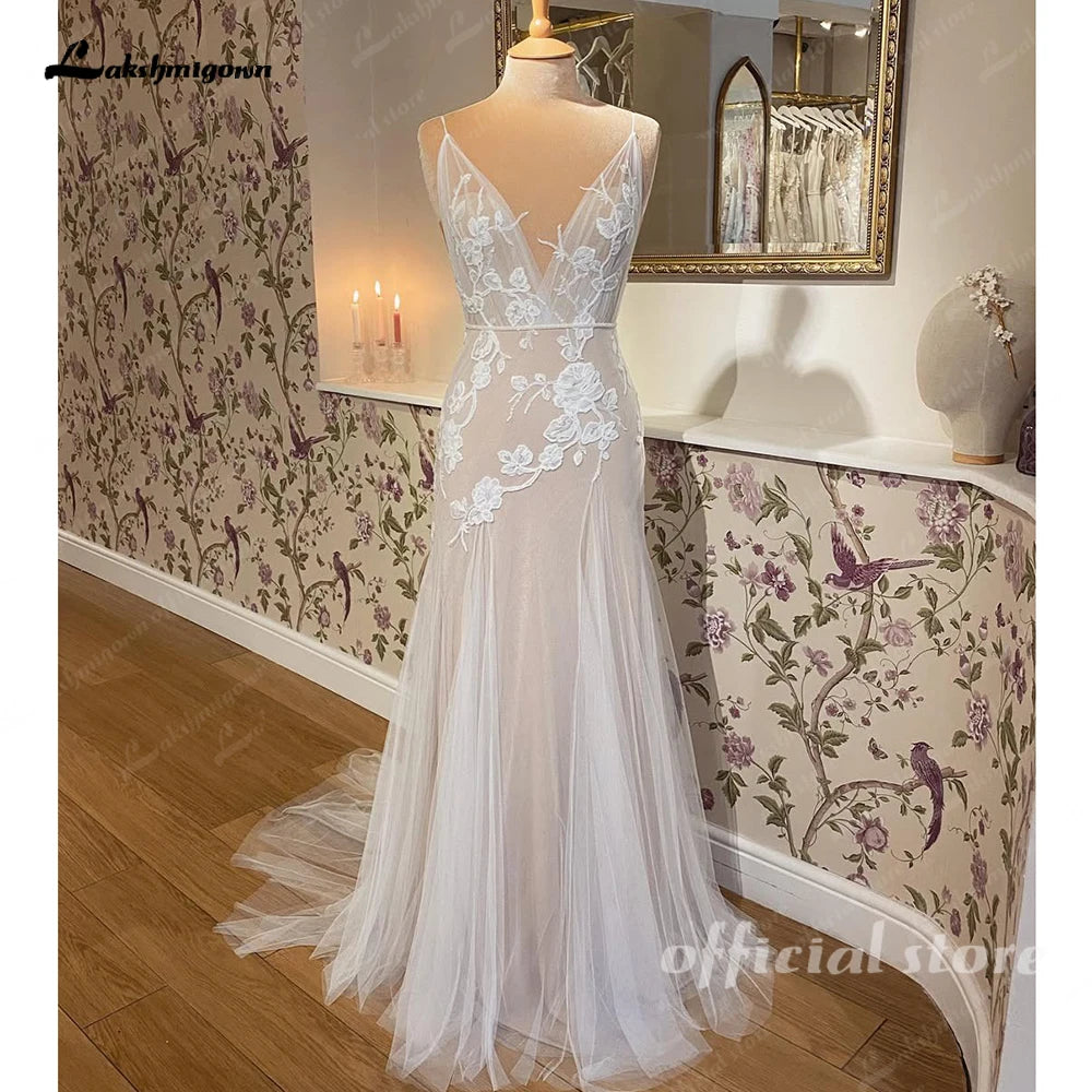 Lakshmigown Champagne Boho Dress Women Mermaid Beach Wedding Dresses Robe Mariee Sexy Bridal Wedding Gowns Customized