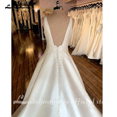 NumberSea Vestidos de Noiva Simples Brancos Linha A Sem Costas 2025 Verão Praia Robe Cetim Sexy Vestidos de Noiva Brautkleid 