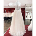 Lakshmigown Boho Champagne Wedding Dresses Lace Appliques V Neck Sleeveless Sweep Train Bridal Dress Customized