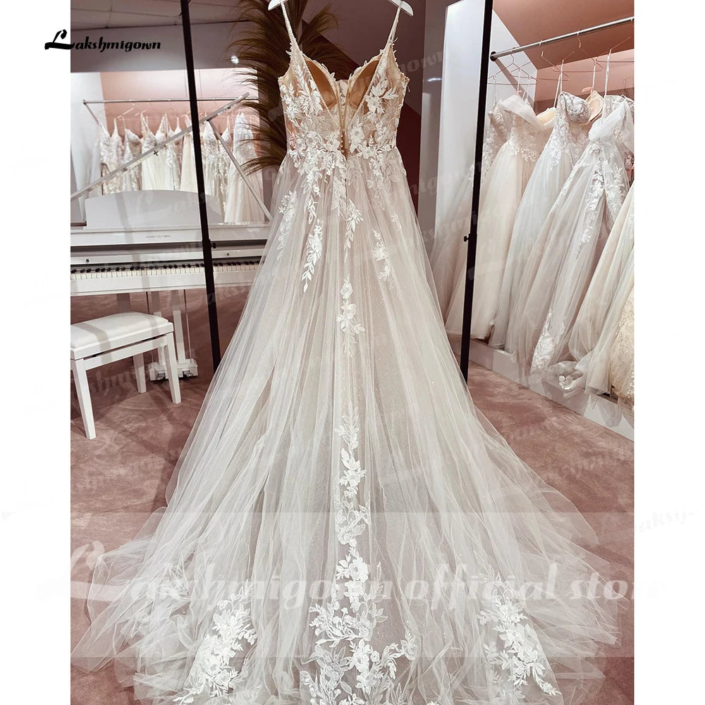 Lakshmigown Spaghetti Straps Lace Wedding Dress Open Back Civil Bridal Bohemian Wedding Gowns Customized Vestidos de Nova