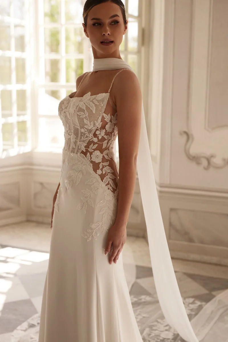 Lakshmigown Scoop-neck Ruched Wedding Gown with Shawel Charming Mermaid Lace Appliques Spaghetti Strap Bridal Dresses Customized