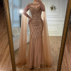 Abito da sera sirena con perline e mantella color nude lussuoso LA72814