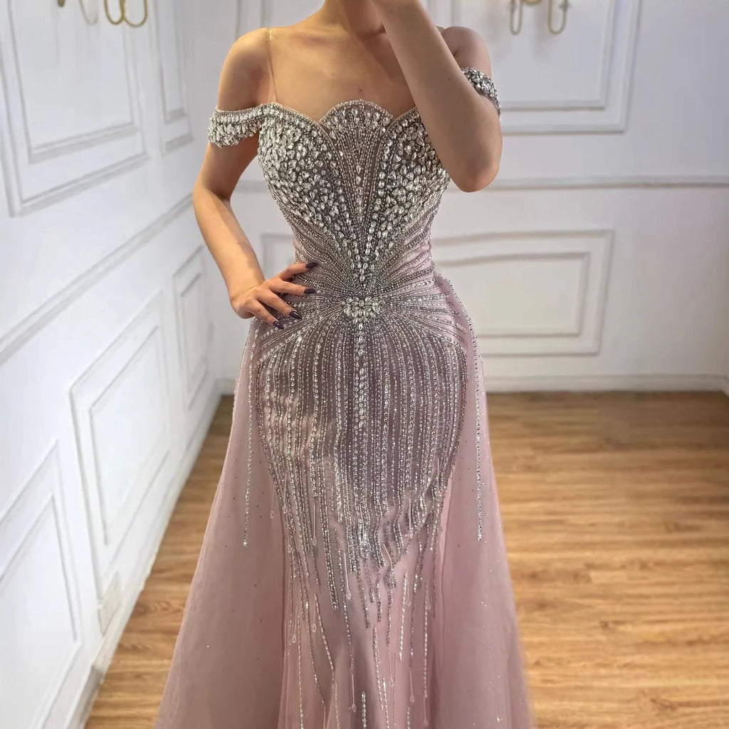 Serene Hill Green Mermaid Beaded Evening Party Gown 2026 Elegant Off-Shoulder Runway Dress with Overskirt Customized DLA73392