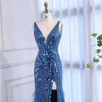 Luxuriöses blaues Perlenbesetztes Federbesetztes Meerjungfrauen-Abendkleid LA73369